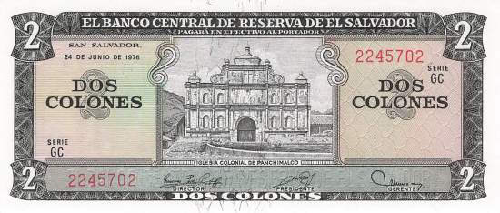 El Salvador p124a-1 2 Colones 1977